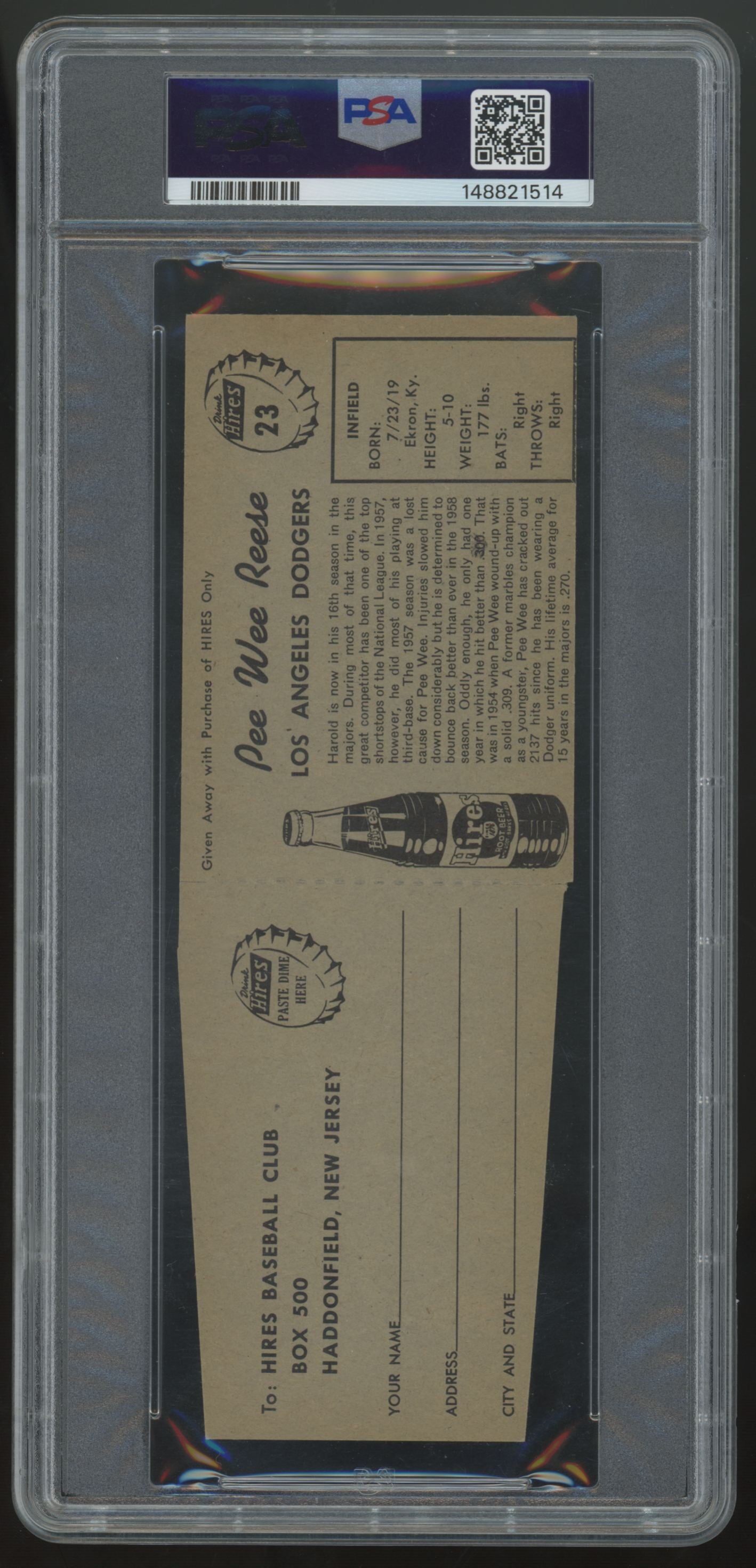 1958 Hires Root Beer Pee Wee Reese With Tab #23 PSA 5