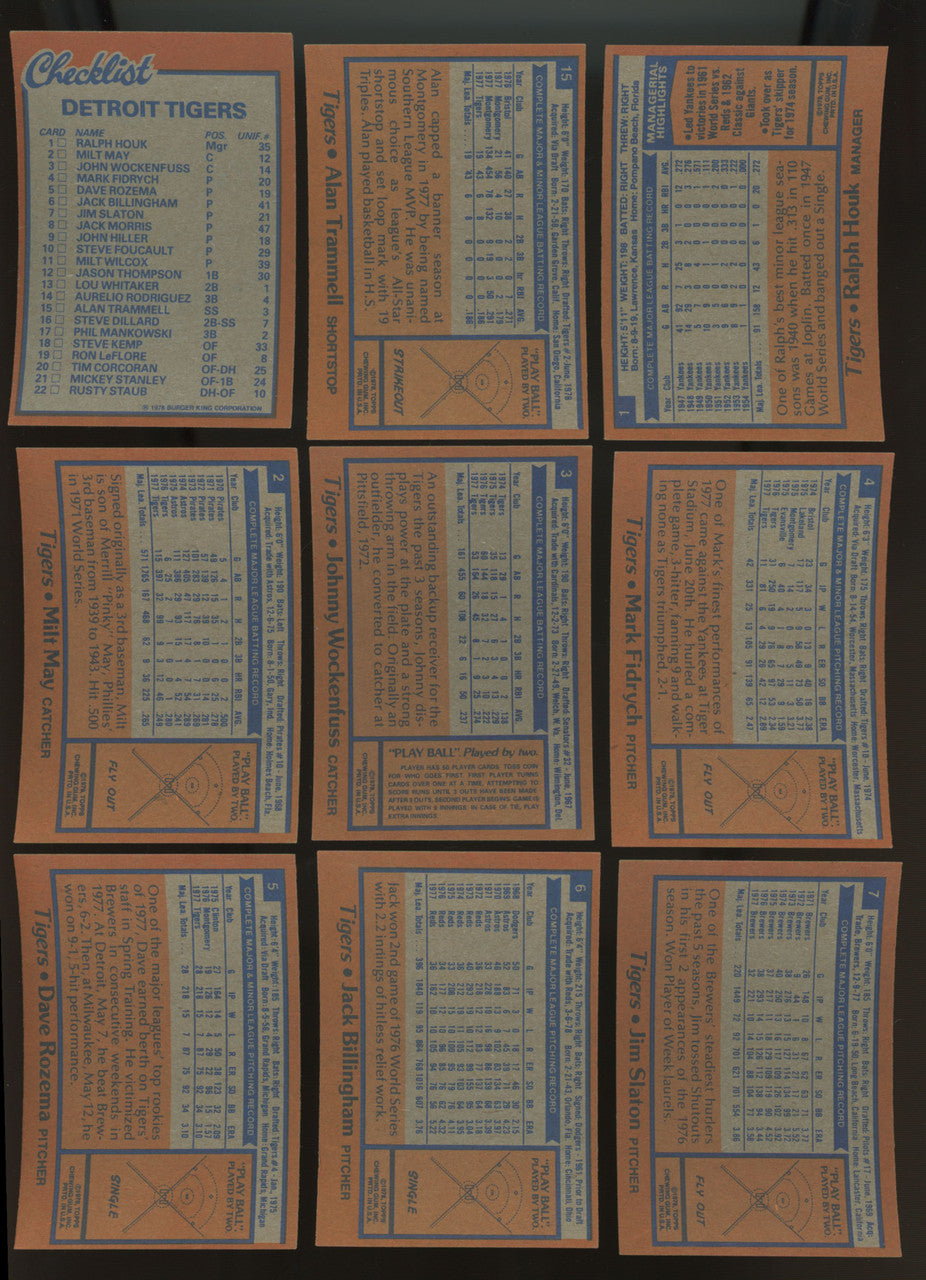 1978 Topps Burger King Detroit Tigers Complete Team Set (NM-MT) Trammell Morris