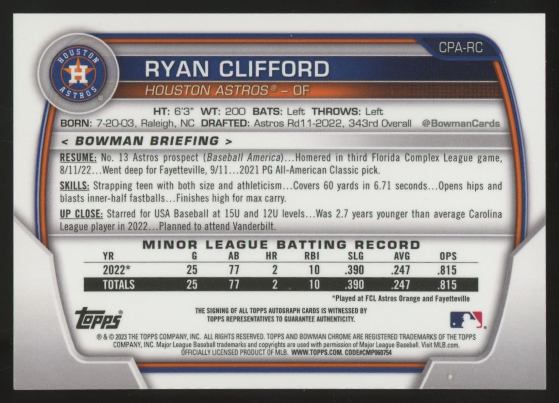 2023 Bowman Ryan Clifford 1st Chrome Prospect Auto #CPA-RC