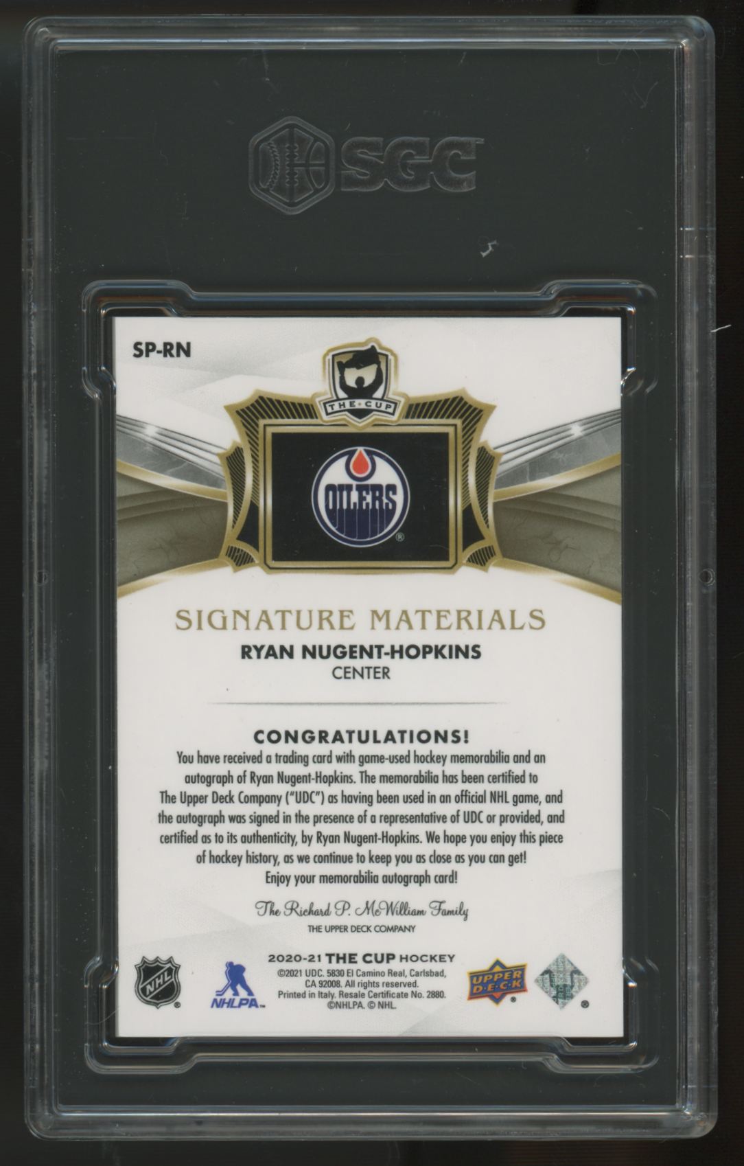 2020-21 UD The Cup Ryan Nugent-Hopkins Materials Patch Auto /99 #SP-RN SGC 9 10