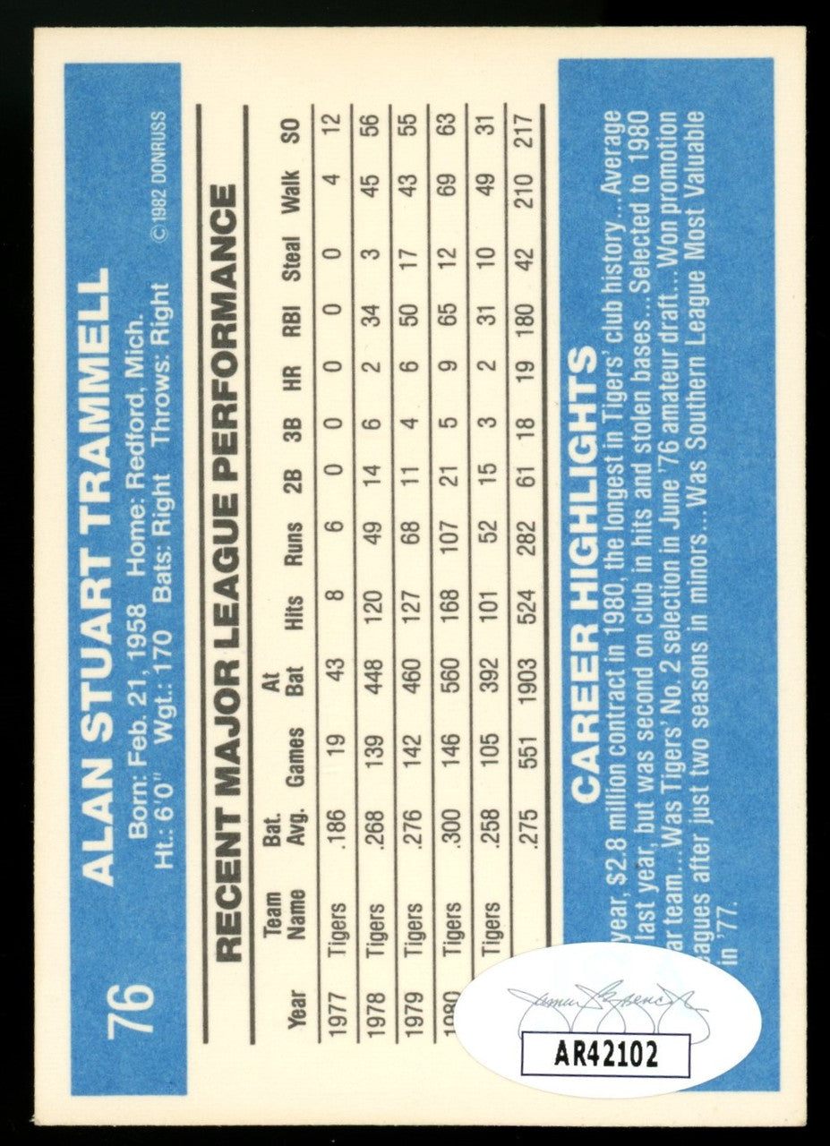 1982 Donruss Alan Trammell #76 Signed Auto JSA