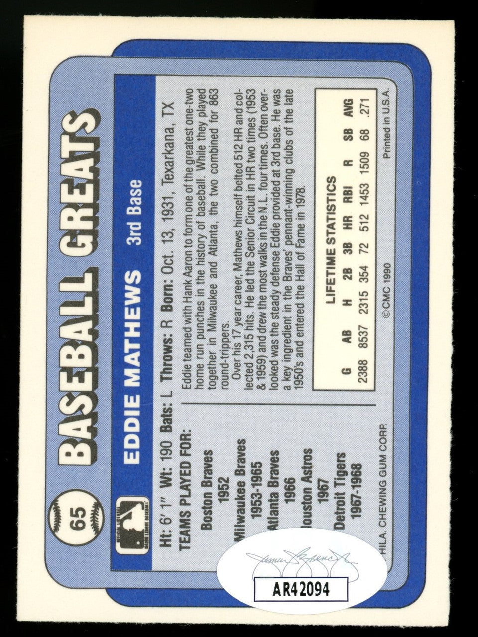 1990 Swell Baseball Greats Eddie Mathews #65 Signed Auto JSA