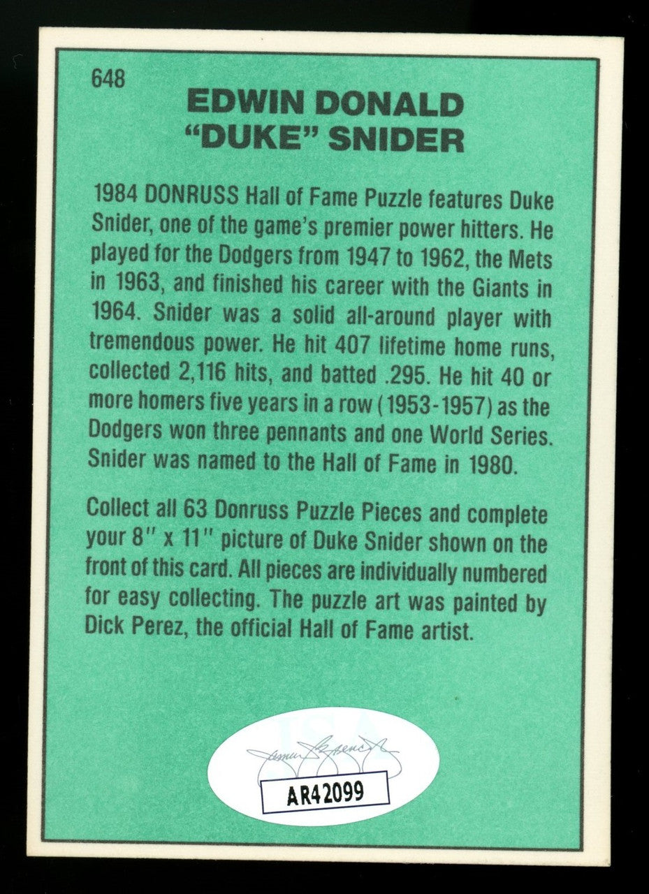 1984 Donruss Duke Snider #648 Signed Auto JSA