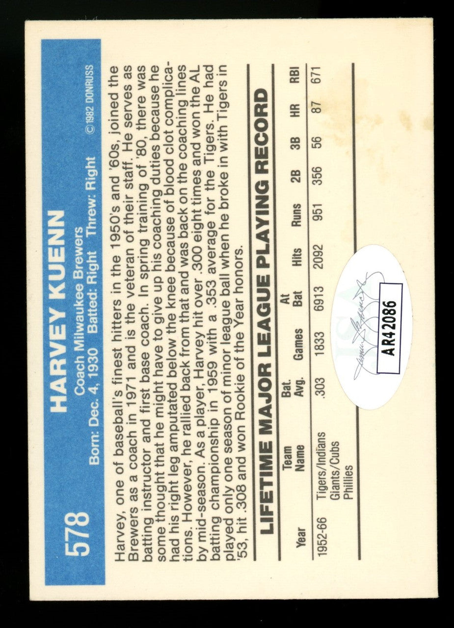 1982 Donruss Harvey Kuenn #578 Signed Auto JSA