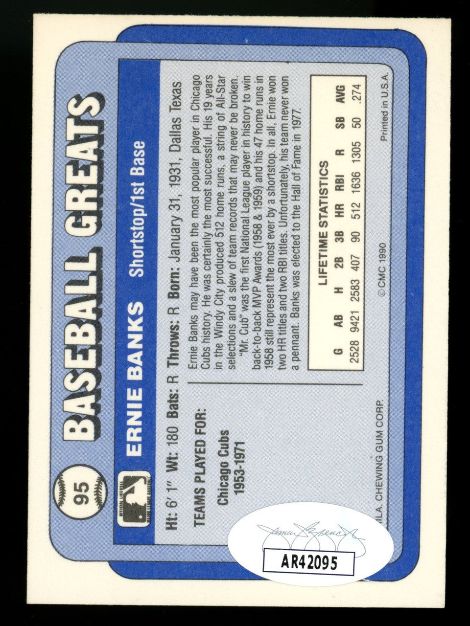 1990 Swell Baseball Greats Ernie Banks #95 Signed Auto JSA