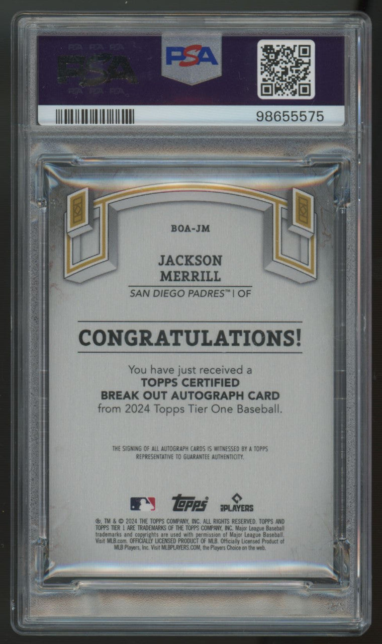 2024 Tier One Jackson Merrill Break Out RC Auto Silver /10 #BOA-JM PSA 9