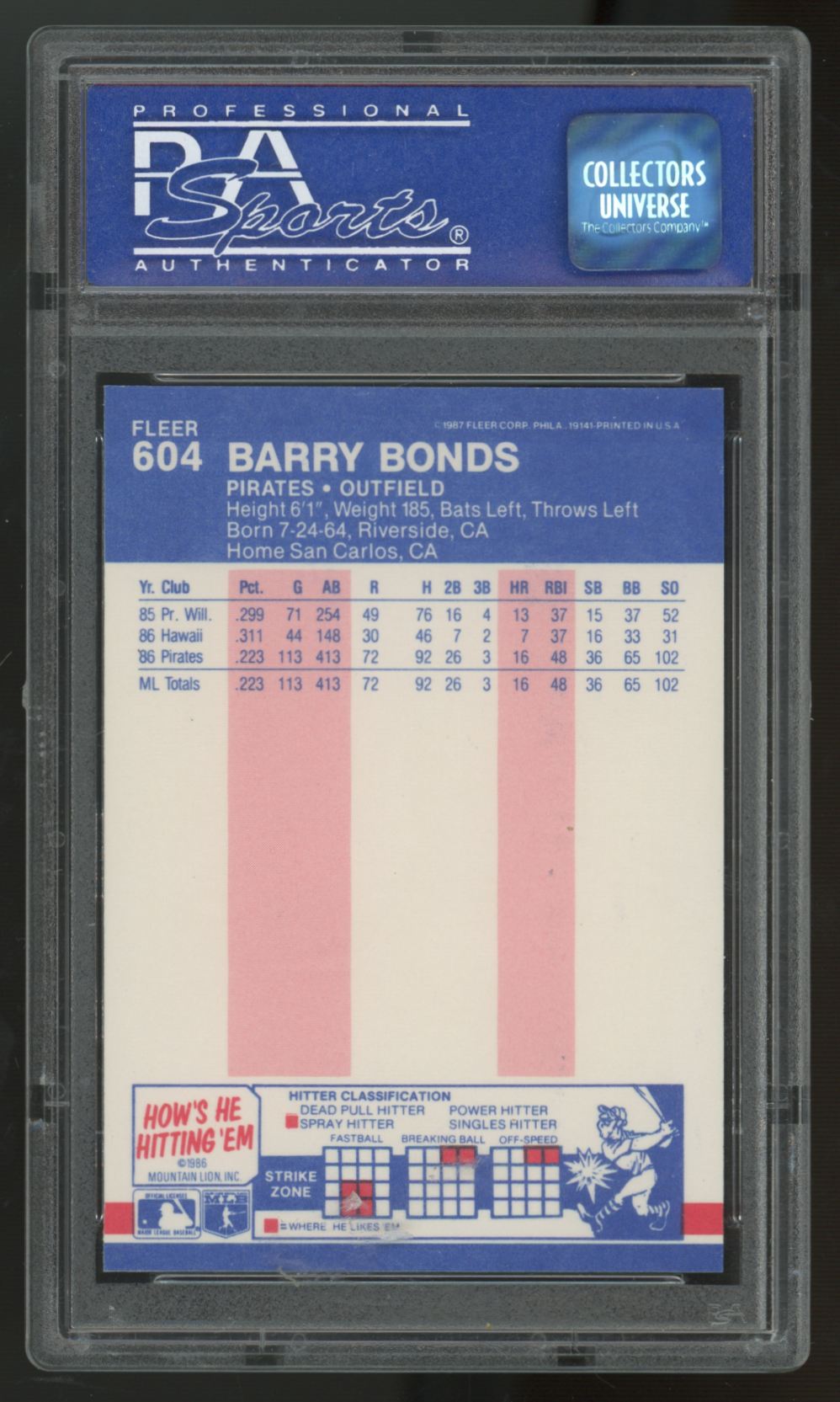 1987 Fleer Glossy Barry Bonds RC #604 PSA 9 *146