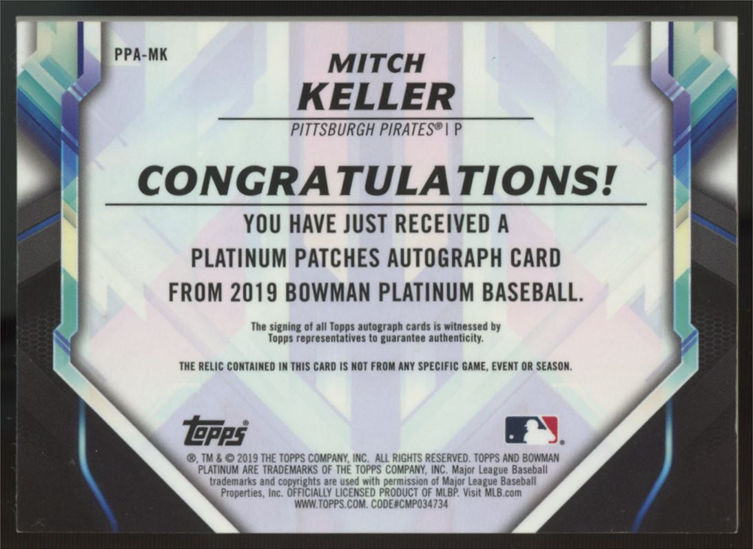 2019 Bowman Platinum Mitch Keller Patch Auto 1/1 #PPA-MK