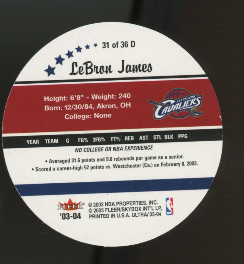2003-04 Fleer Ultra Baskeball LeBron James RC Roundball Disc #31