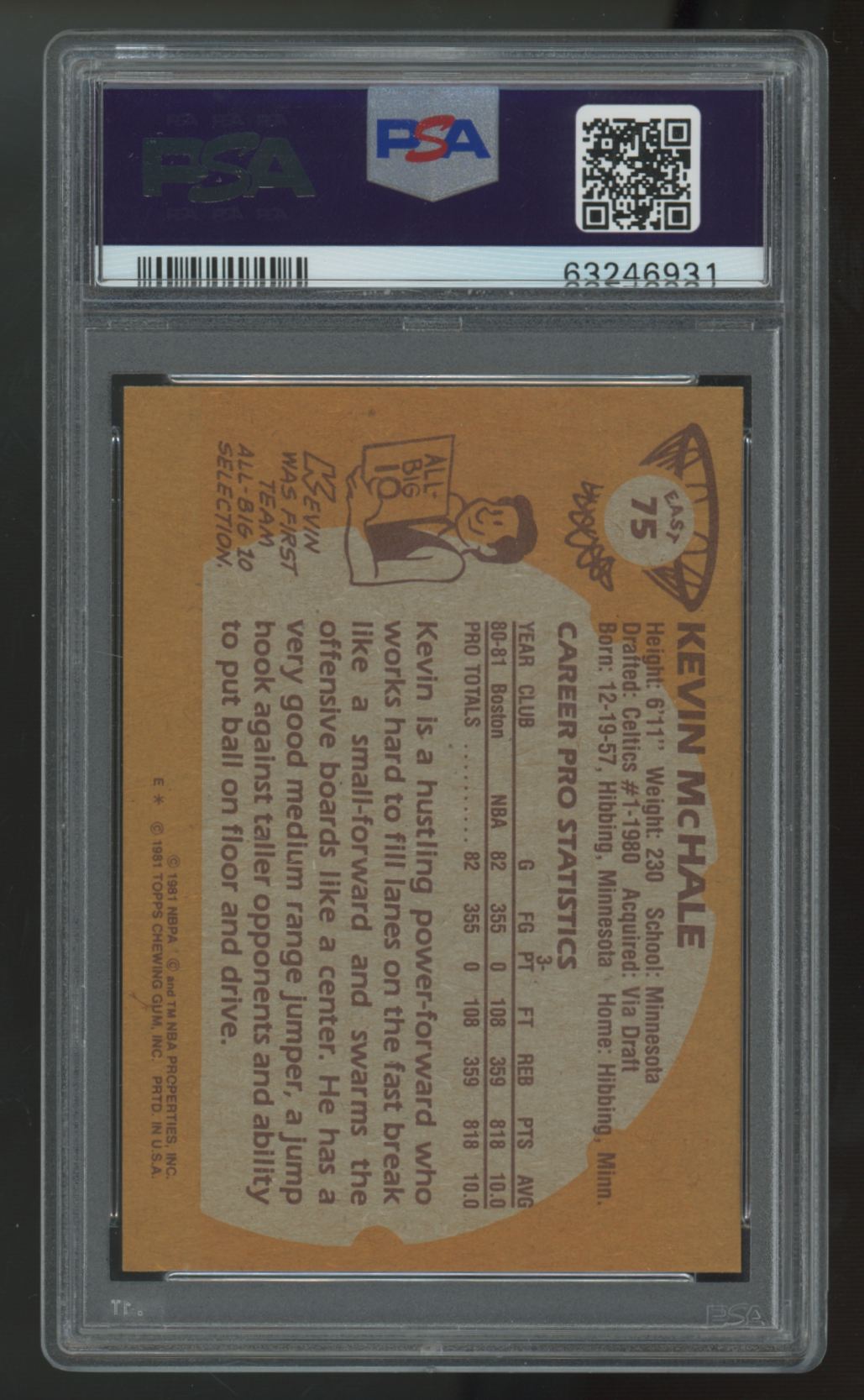 1981-82 Topps Kevin McHale Signed Auto #75 PSA 8 Authentic