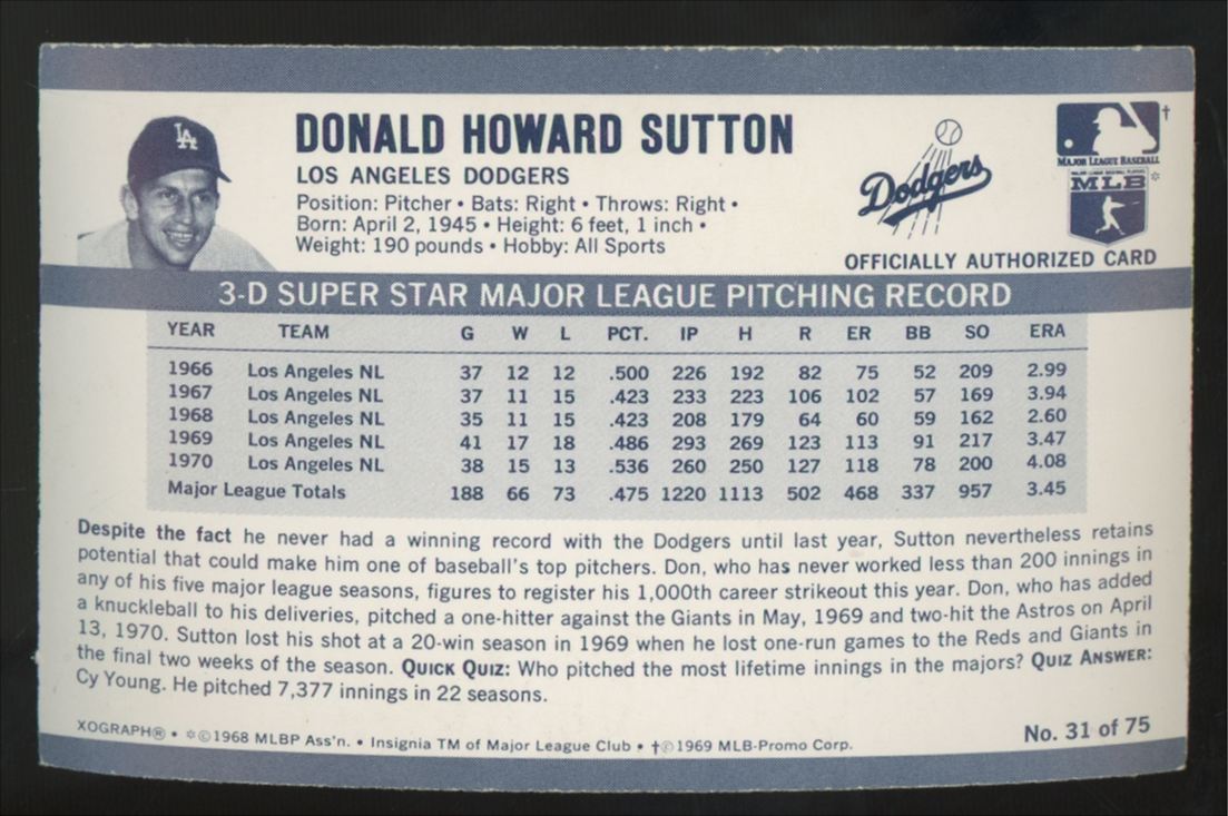 1971 Kellogg's Don Sutton 3-D Super Stars #31 EX/MT