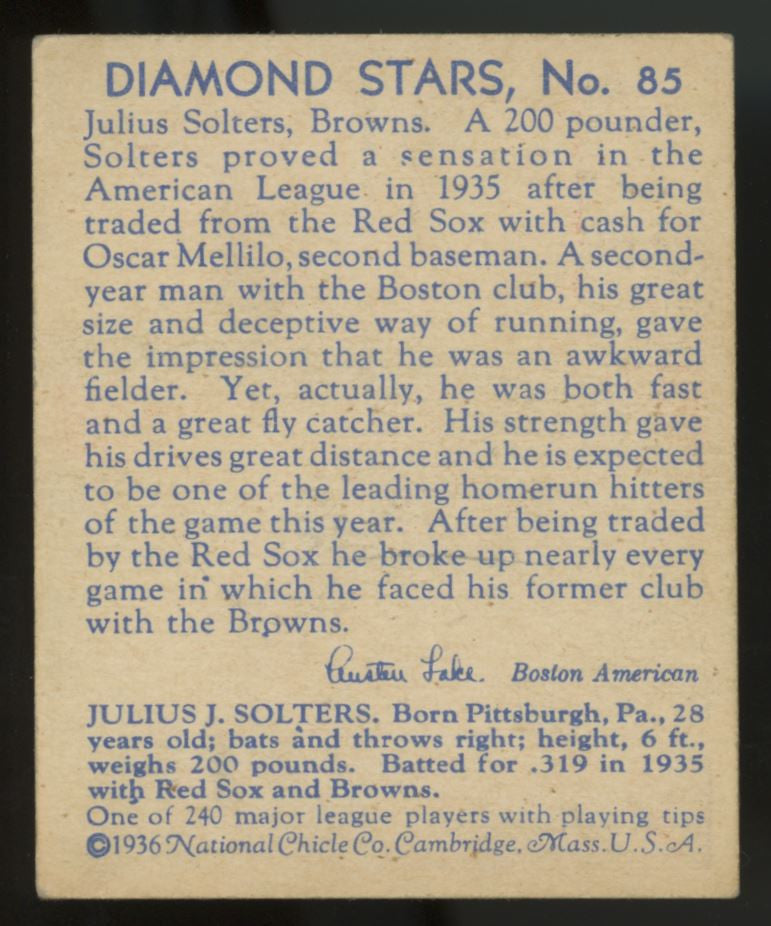 1934-36 Diamond Stars Julius Solters 1936 #85 Poor (Tape/Paper Loss)