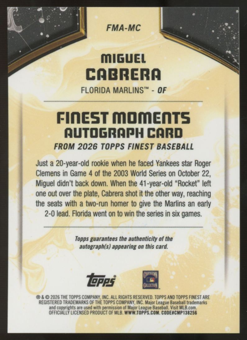 2026 Topps Finest Miguel Cabrera 2003 Moments Gold Refractor Auto /50 #FMA-MC