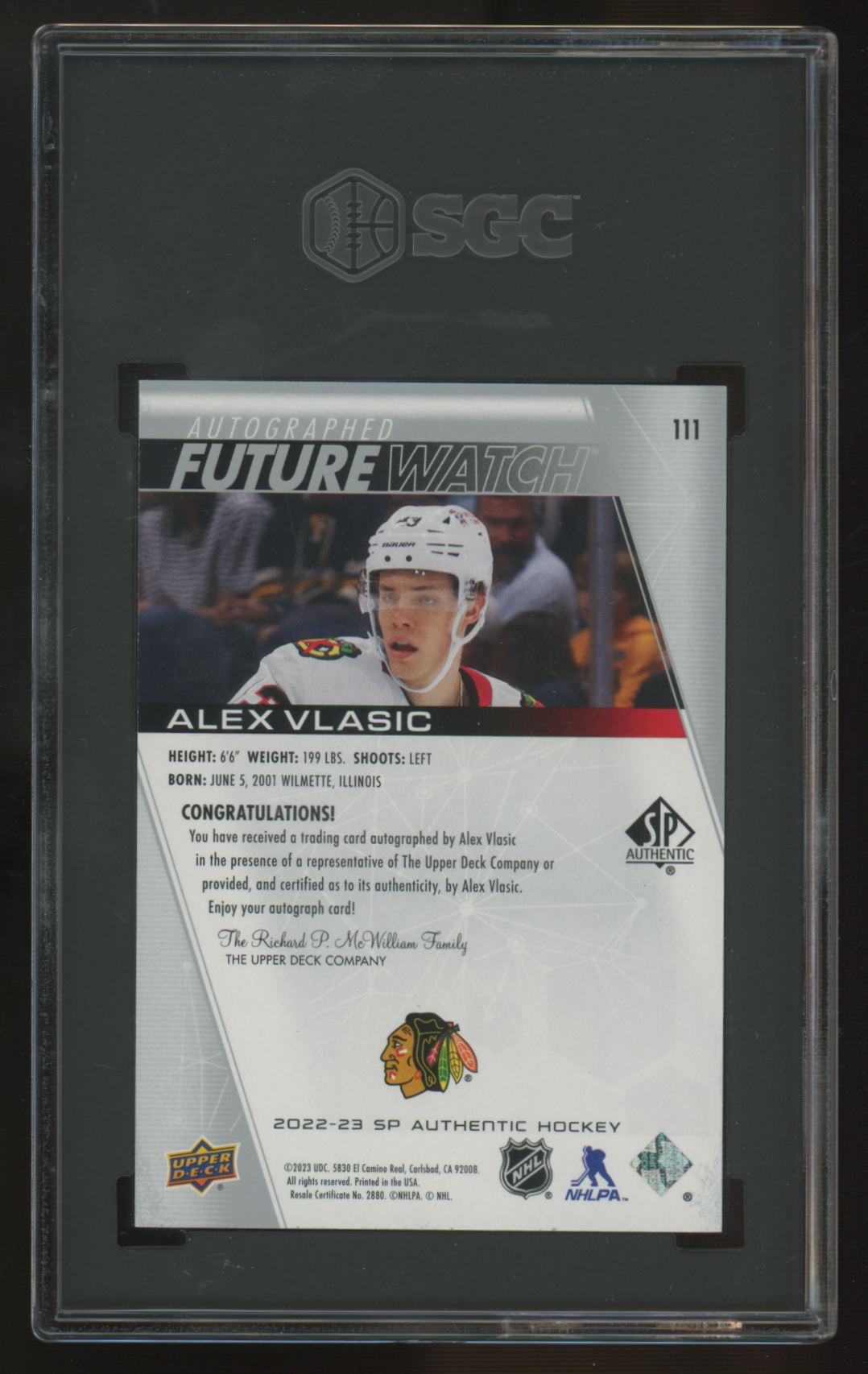 2022-23 Upper Deck SP Authentic Alex Vlasic RC Future Watch Auto /999 #111 SGC 9
