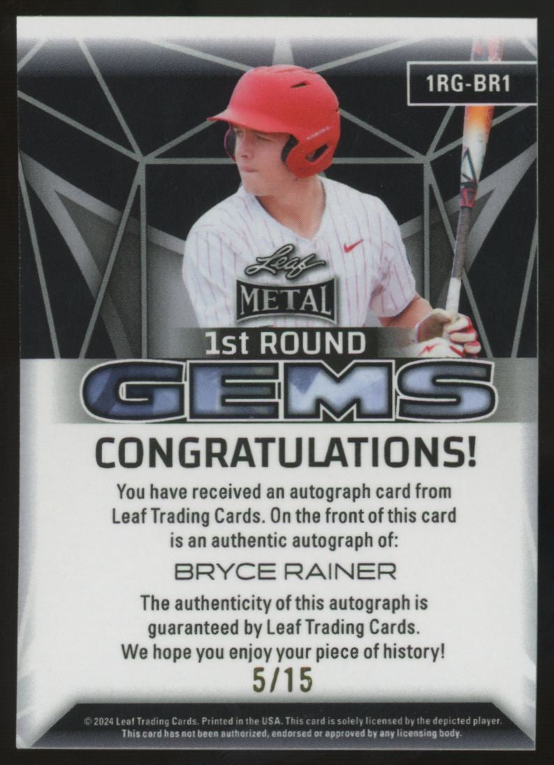 2024 Leaf Metal Bryce Rainer 1st Round Gems Silver Crystal Auto /15 #1RG-BR1
