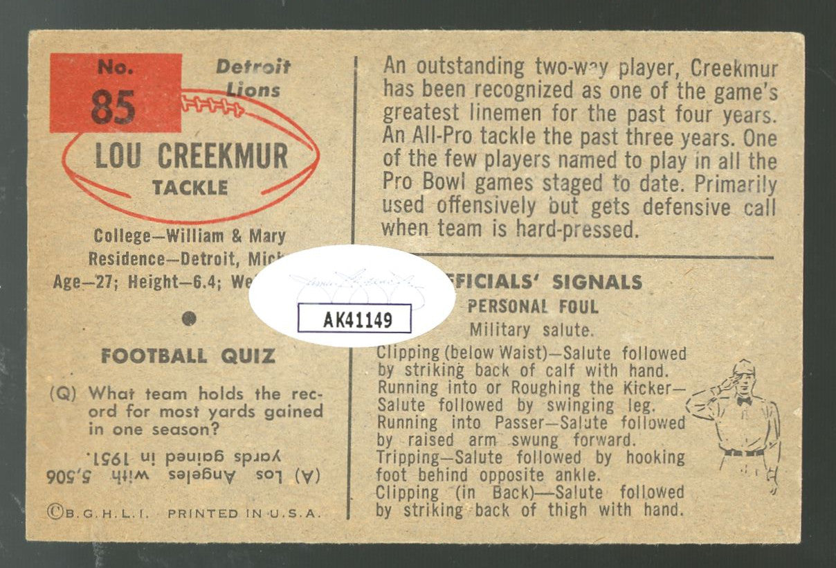 1954 Bowman Lou Creekmur #85 Signed Auto JSA