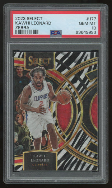 2023-24 Select Kawhi Leonard Premier Level Zebra Prizm SSP #177 PSA 10