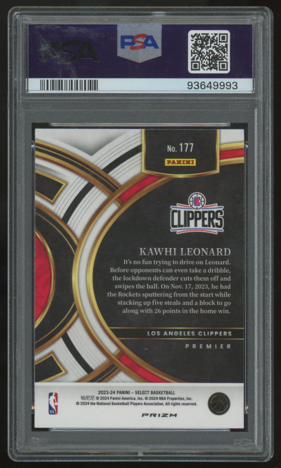 2023-24 Select Kawhi Leonard Premier Level Zebra Prizm SSP #177 PSA 10