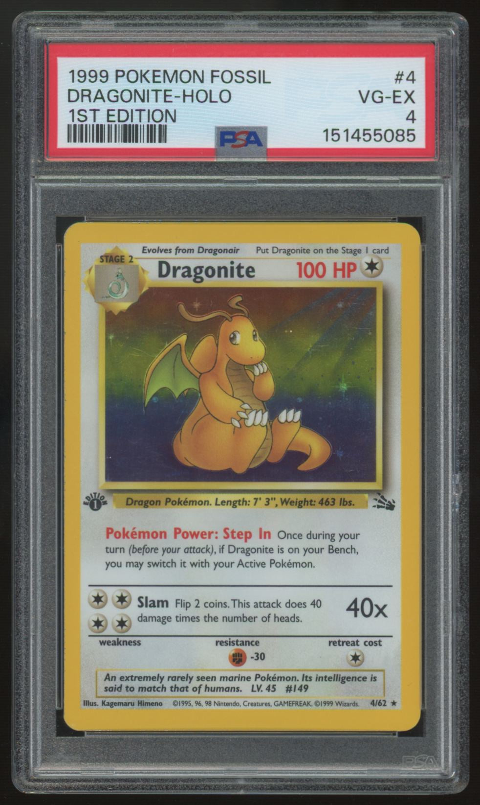 1999 Pokemon Dragonite Fossil 1st Edition Holo #4 PSA 4