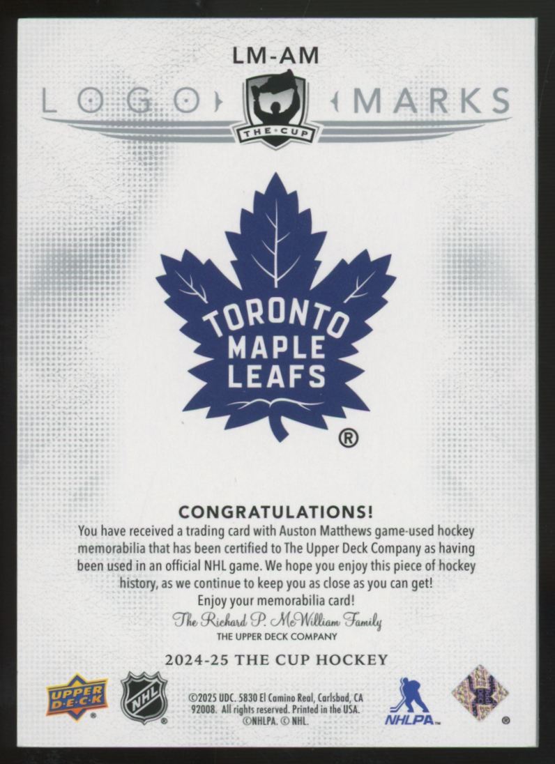2024-25 Upper Deck The Cup Auston Matthews Logo Marks Patch /99 #LM-AM