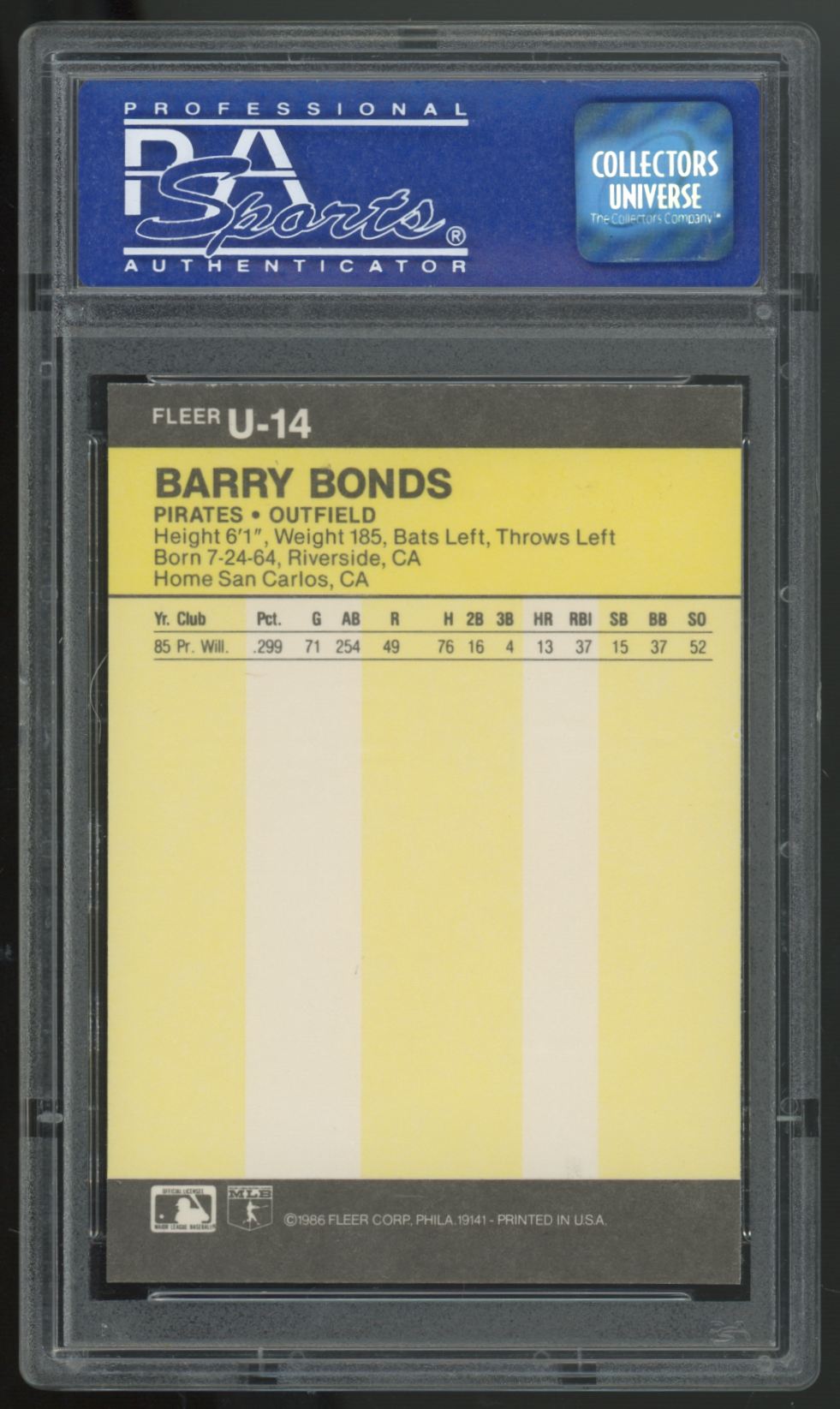 1986 Fleer Update Barry Bonds RC #U-14 PSA 9 *046