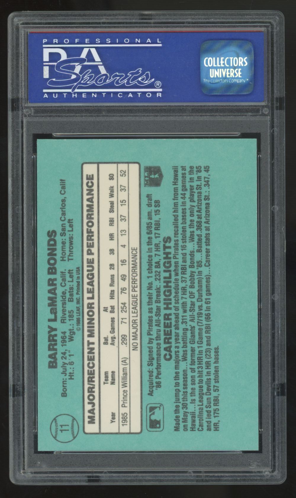 1986 Donruss Rookies Barry Bonds RC #11 PSA 9 *912