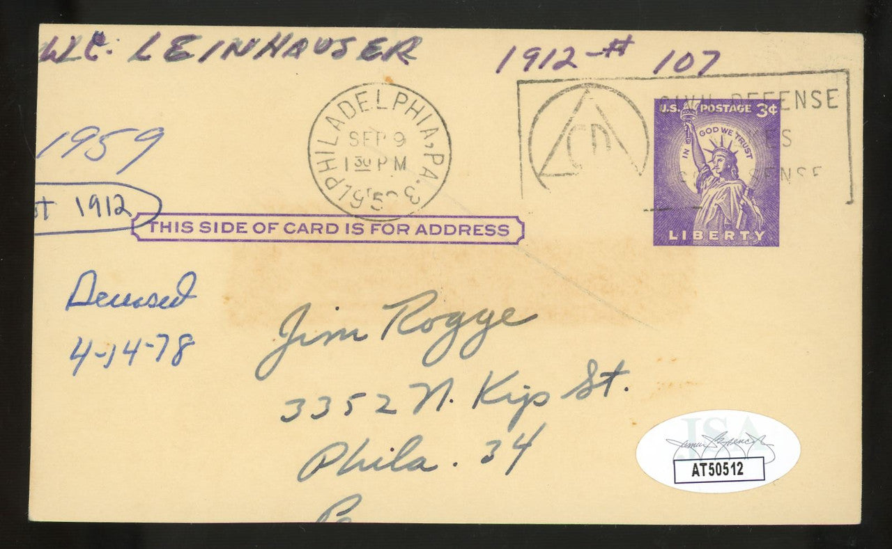 Bill Leinhauser Signed Autographed Cut Postcard JSA (d. 1978)