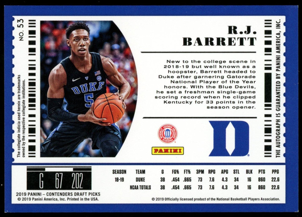 2019-20 Contenders Draft RJ Barrett College Ticket RC Auto Building Blocks /5