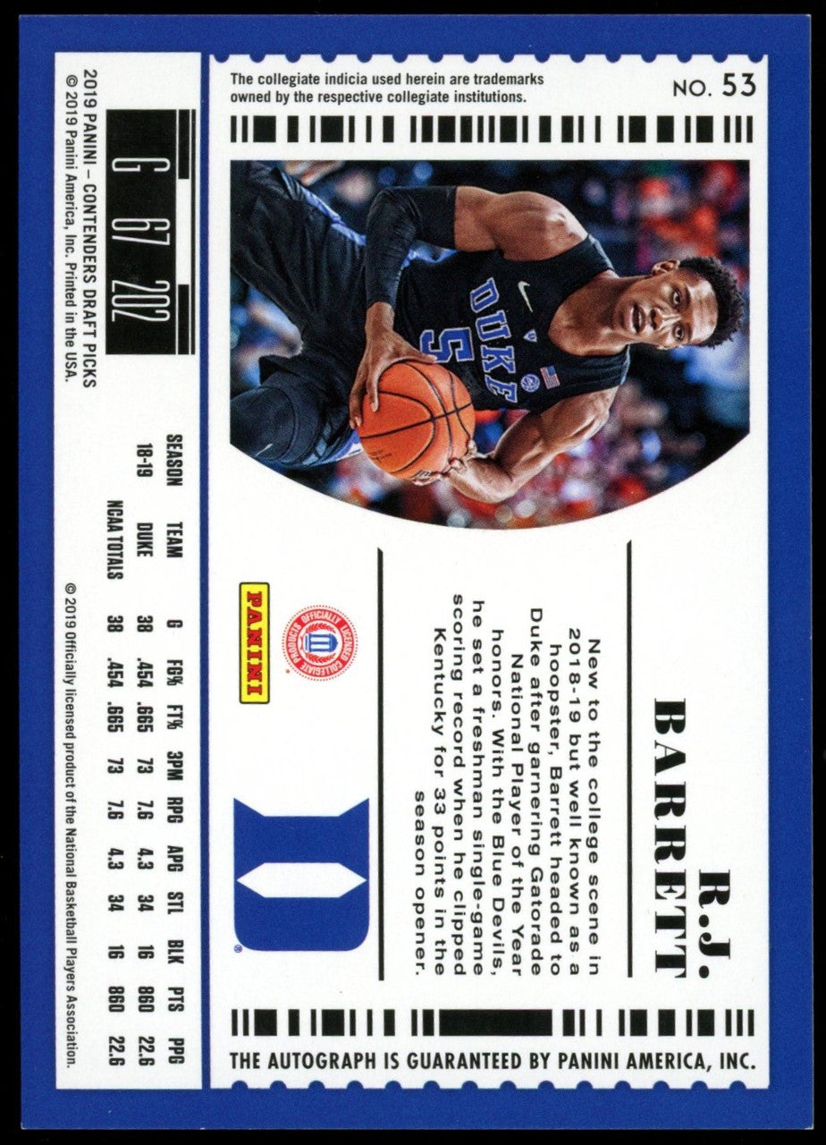2019-20 Contenders Draft RJ Barrett Draft Ticket RC Auto Blue /5 #53