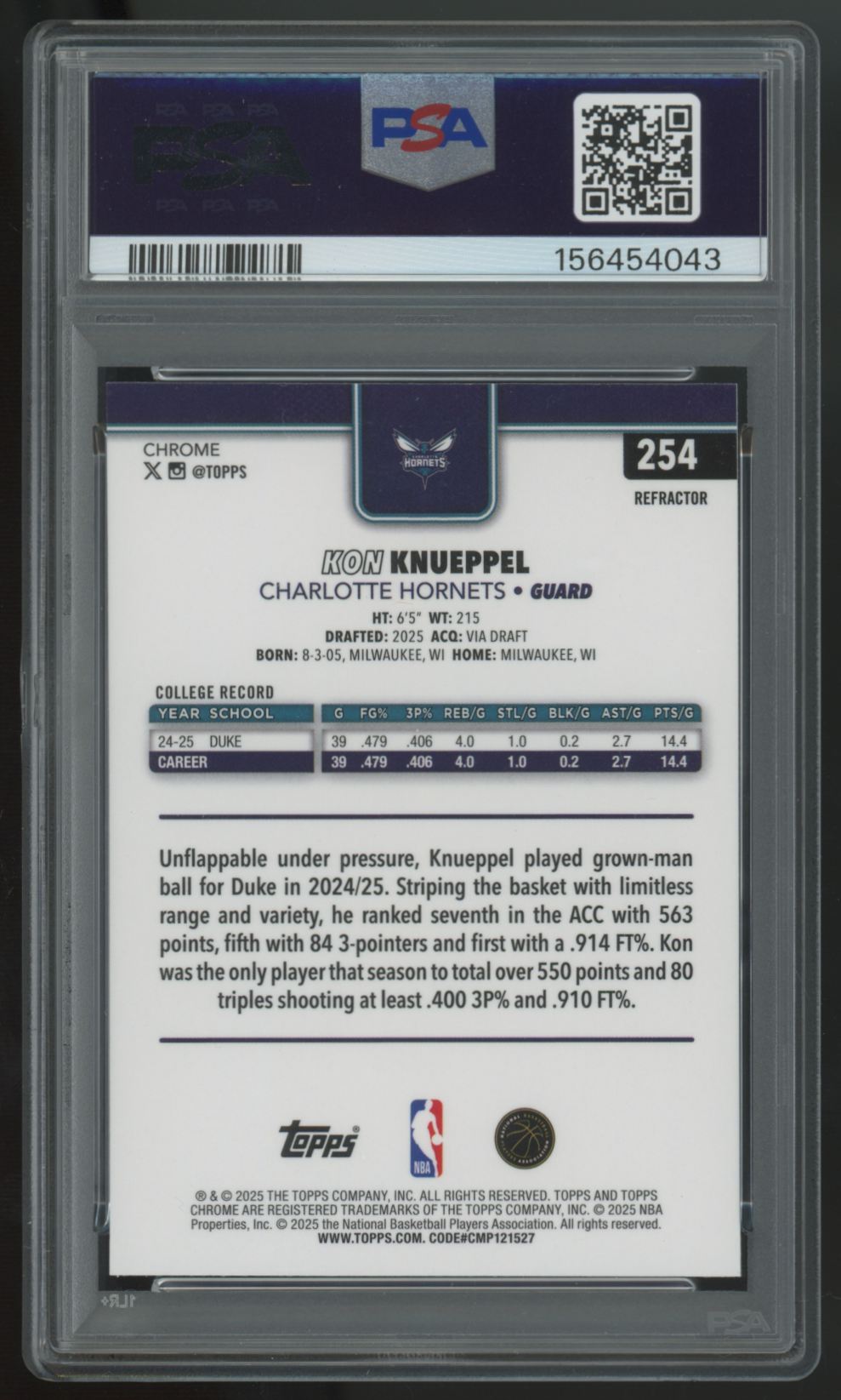 2025-26 Topps Chrome Kon Knueppel RC Refractor #254 PSA 10