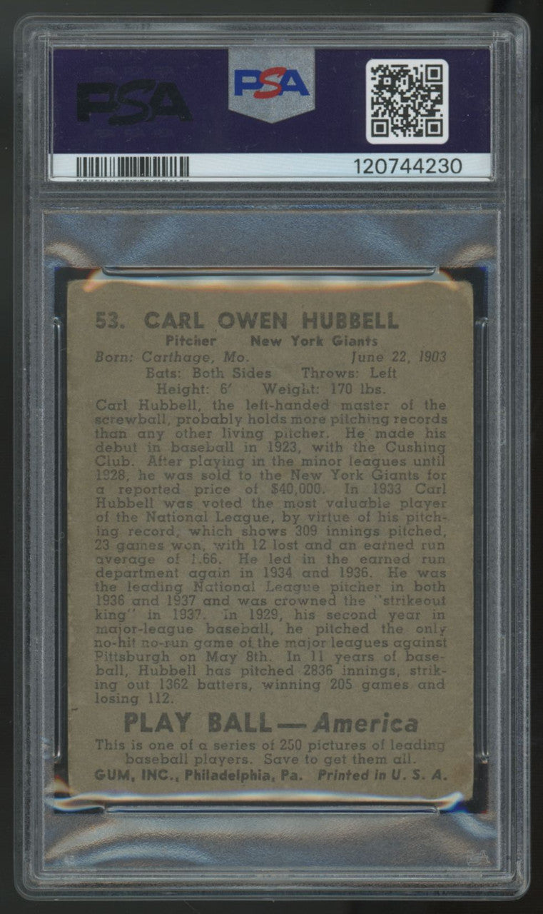 1939 Play Ball Carl Hubbell #53 PSA 2