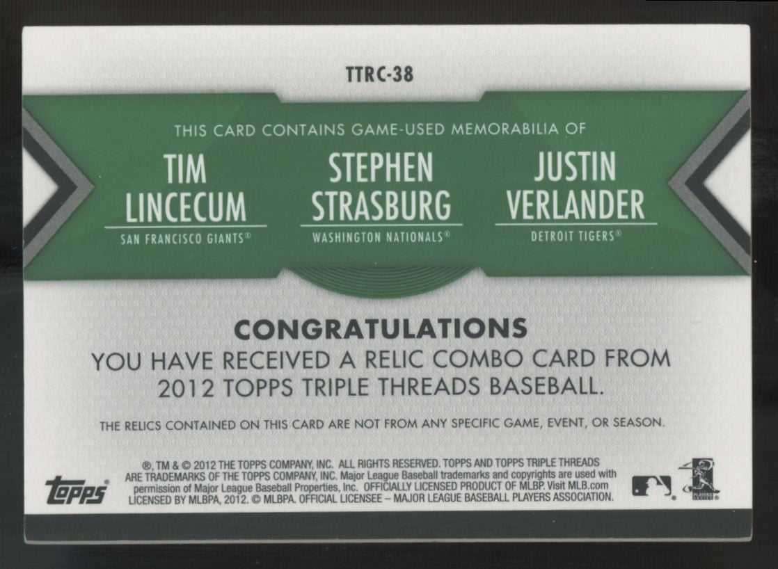 2012 Triple Threads Lincecum/Strasburg/Verlander Emerald Triple Relic Patch /18