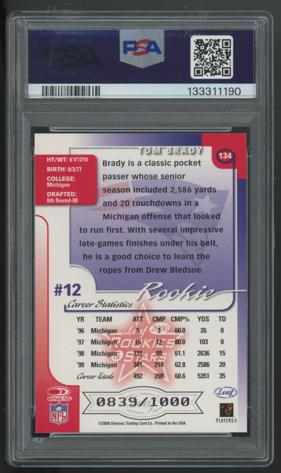 2000 Leaf Rookies & Stars Tom Brady RC /1000 #134 PSA 8.5