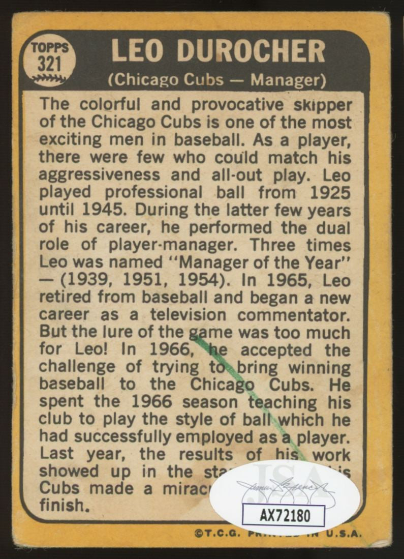 1968 Topps Leo Durocher #321 Signed Autographed Card JSA