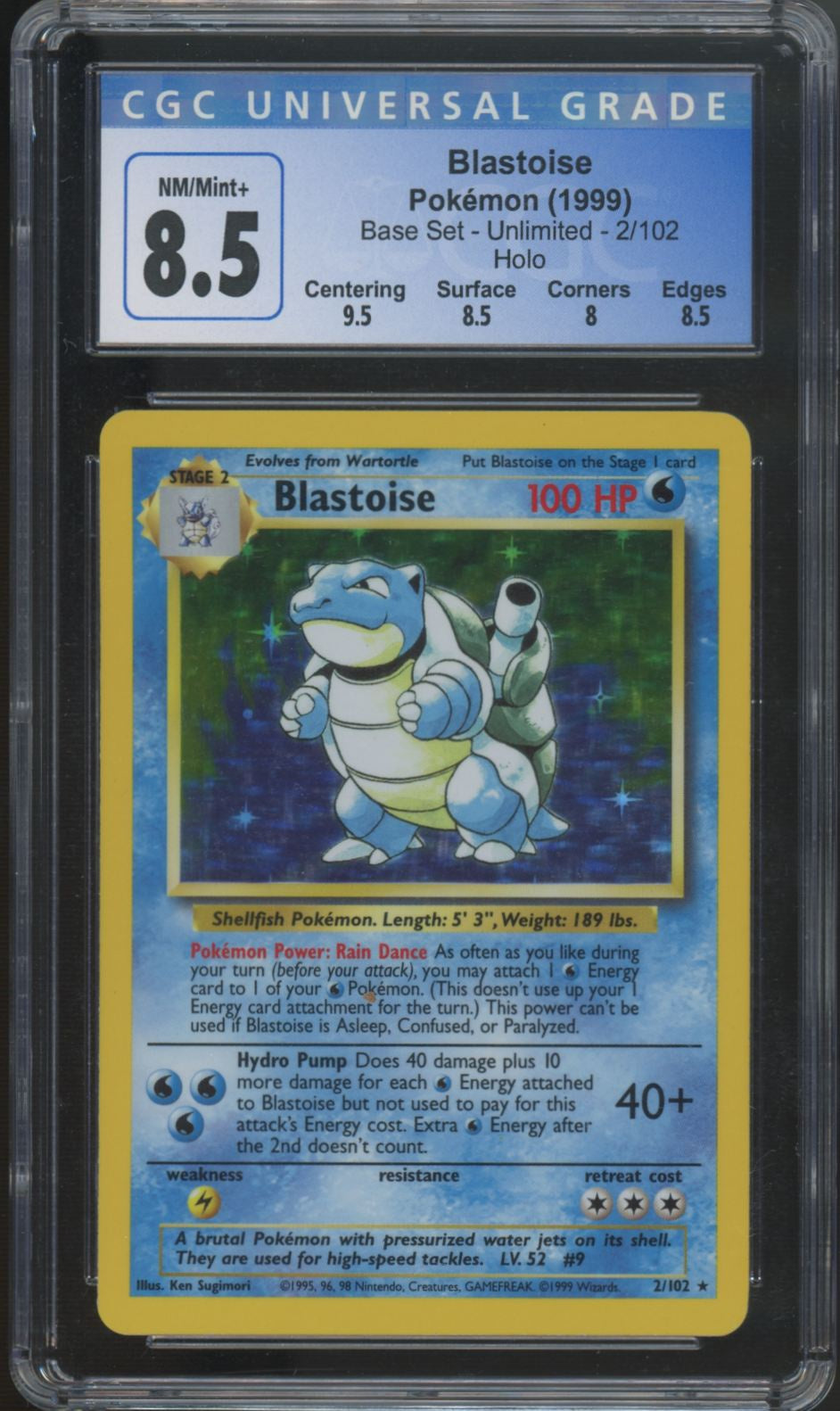 1999 Pokemon Blastoise Base Set Unlimited Holo #2 CGC 8.5