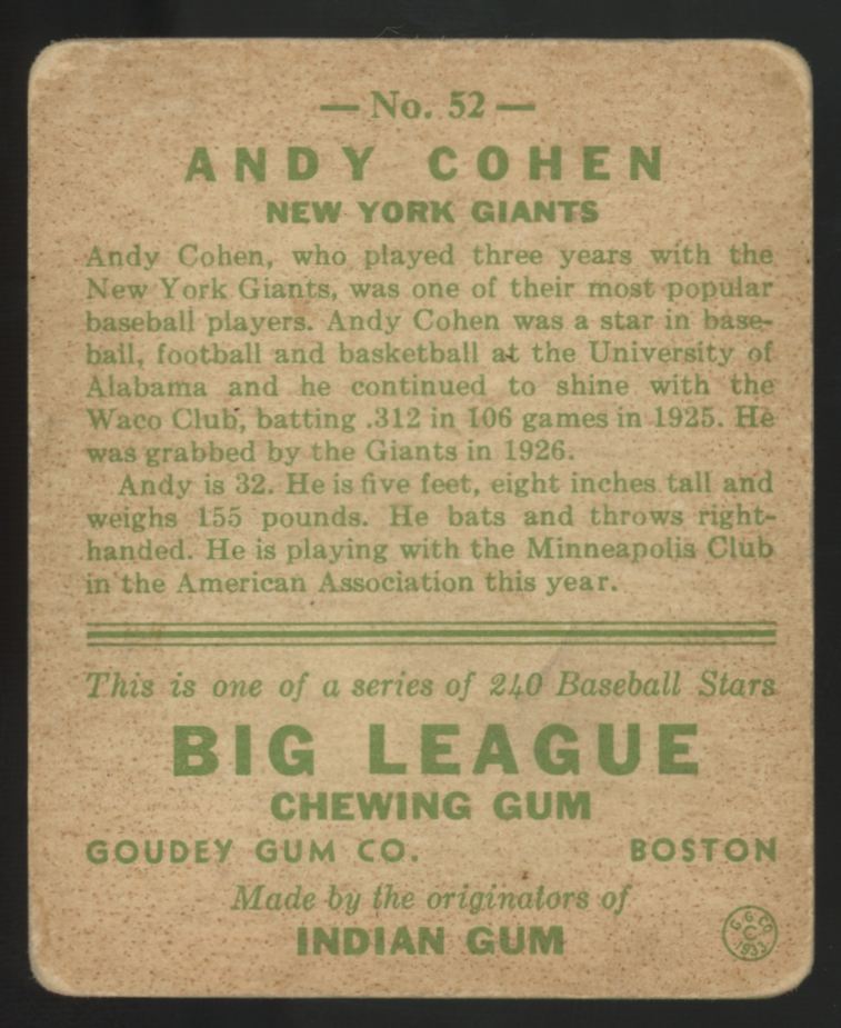 1933 Goudey Andy Cohen Big League Gum #52 Poor