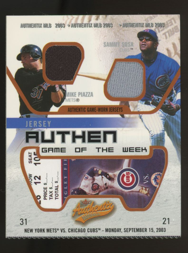 2003 Fleer Mike Piazza Sammy Sosa Game of the Week Ticket Triple Patch #MP-SS
