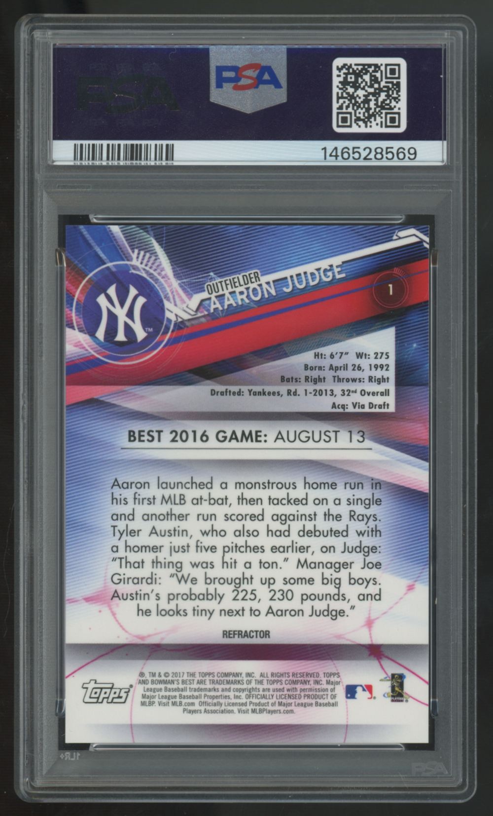 2017 Bowman's Best Aaron Judge RC Atomic Refractor #1 PSA 10
