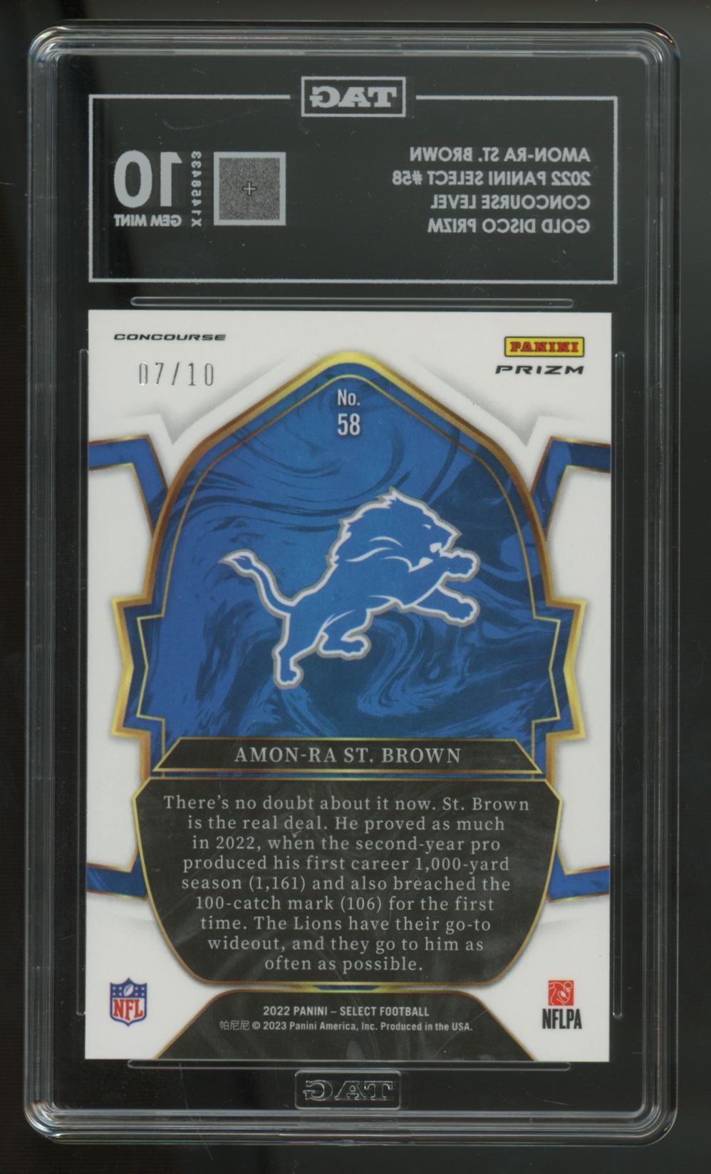 2022 Panini Select Amon-Ra St. Brown Gold Disco Prizm /10 #58 TAG 10