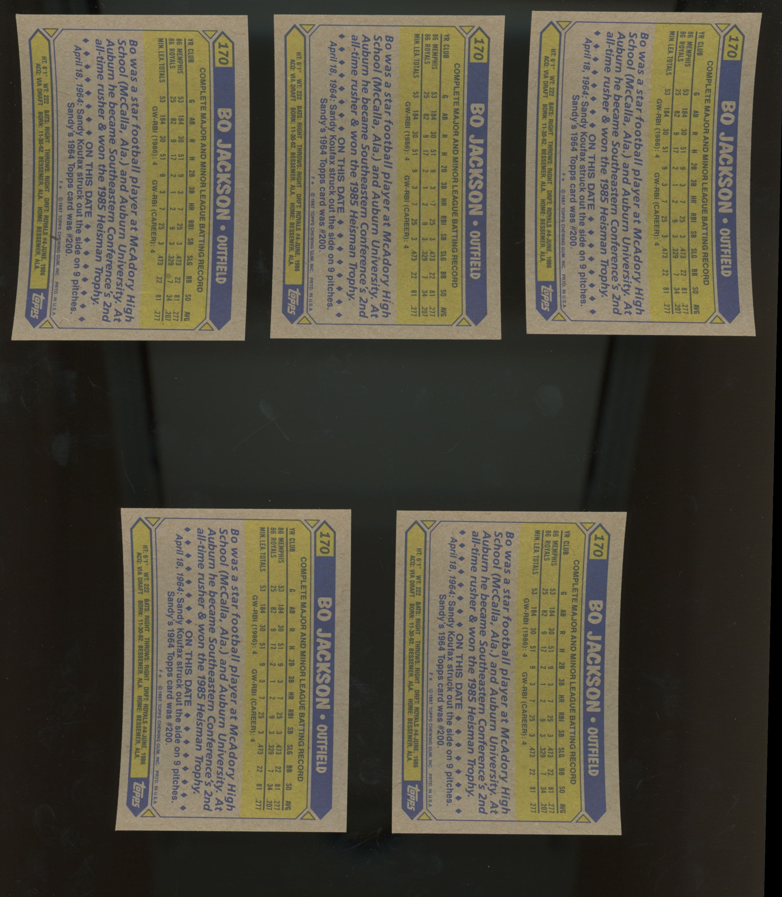 1987 Topps Bo Jackson RC #170 Lot of 25 NM-MT "B"