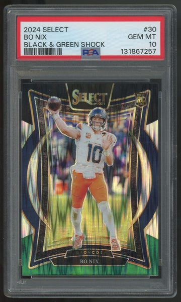2024 Panini Select Bo Nix RC Concourse Black & Green Shock #30 PSA 10