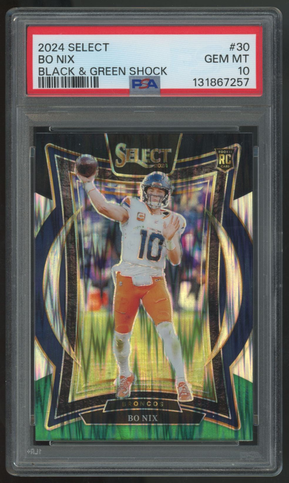 2024 Panini Select Bo Nix RC Concourse Black & Green Shock #30 PSA 10
