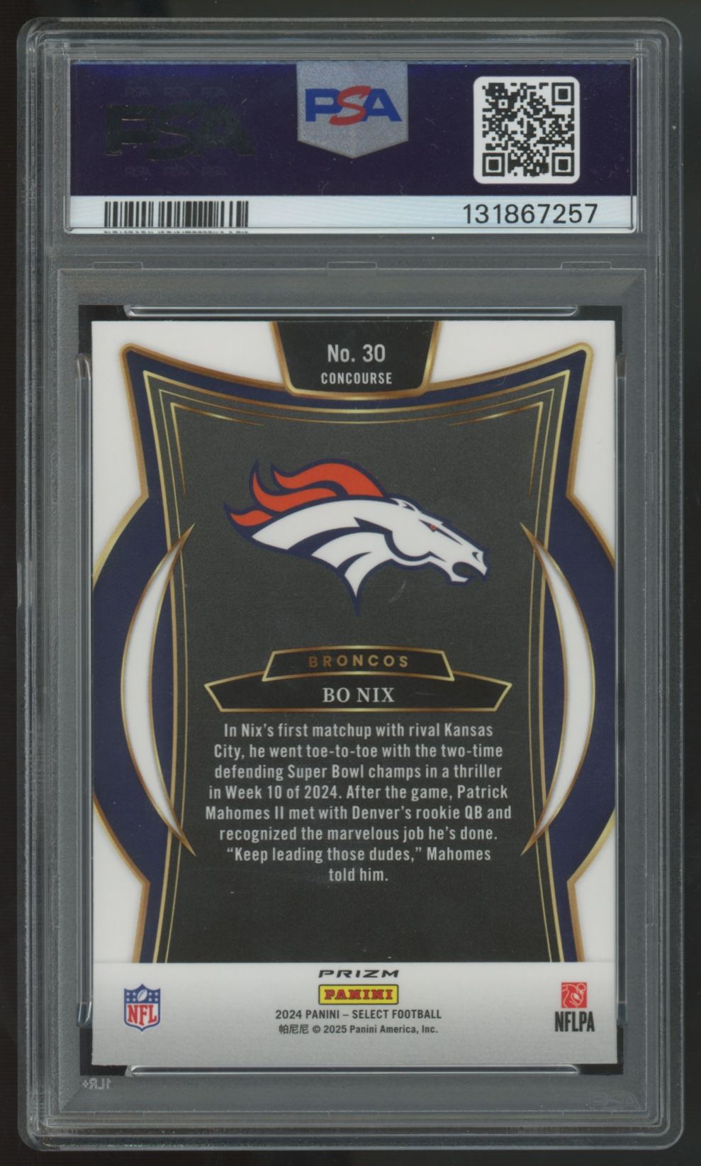 2024 Panini Select Bo Nix RC Concourse Black & Green Shock #30 PSA 10
