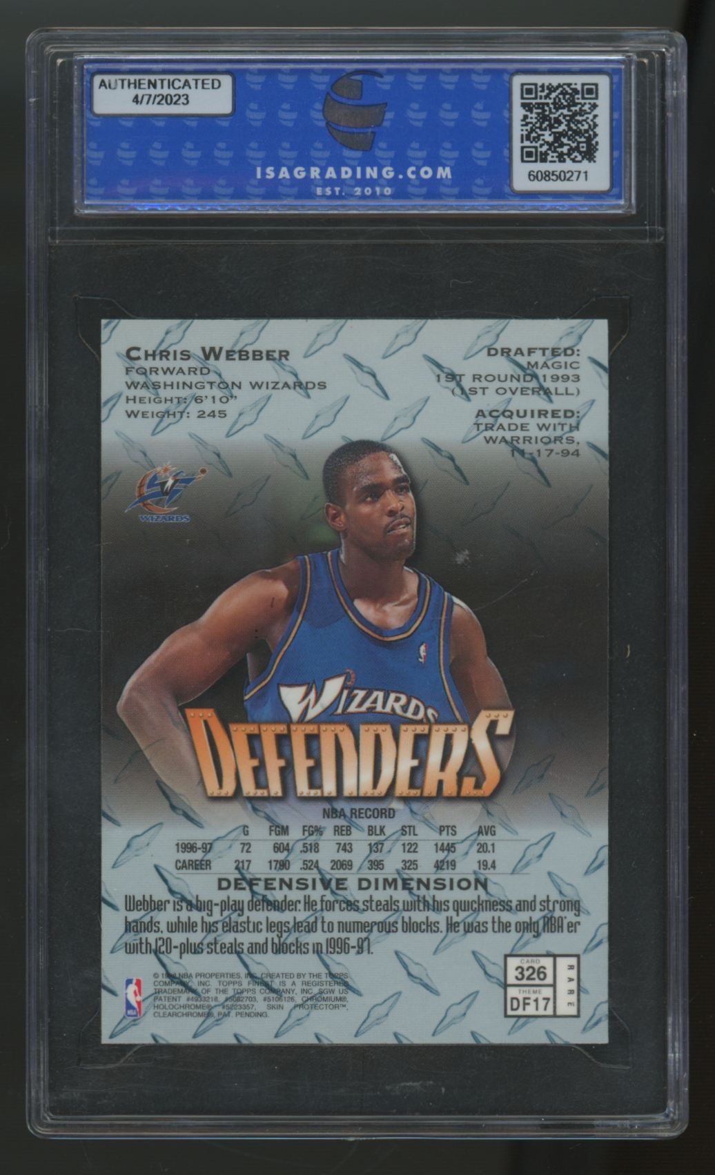 1997-98 Topps Finest Chris Webber Defenders #329 ISA 10
