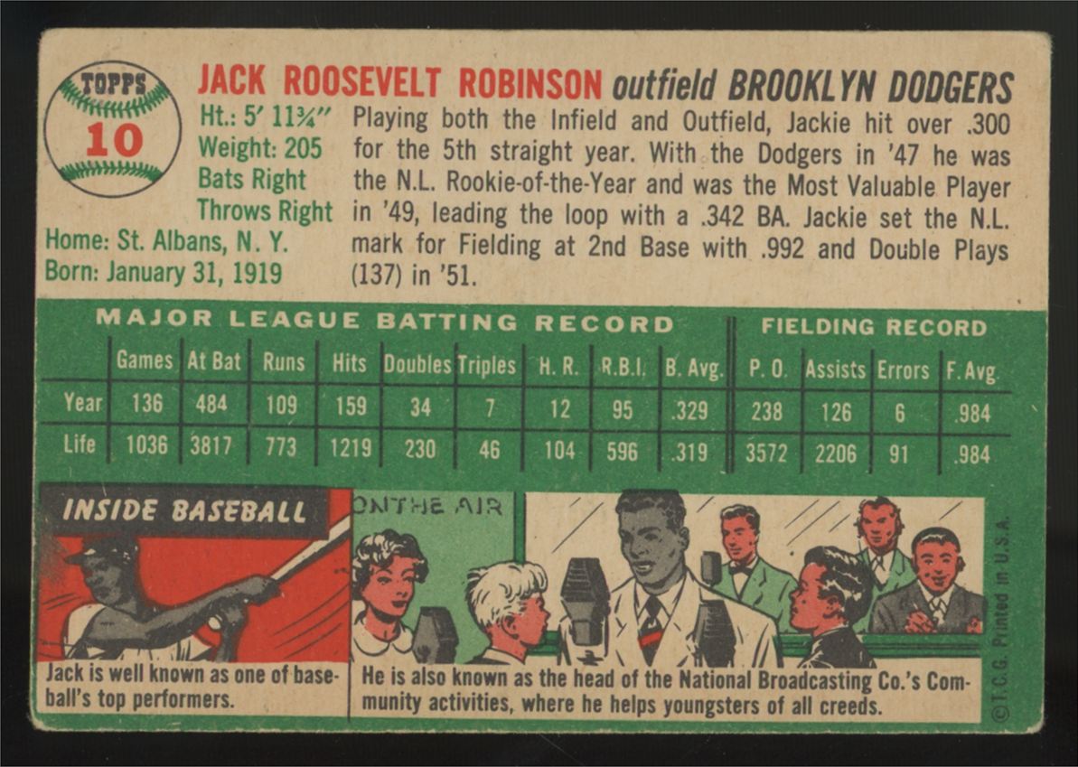 1954 Topps Jackie Robinson #10 VG *Creased*