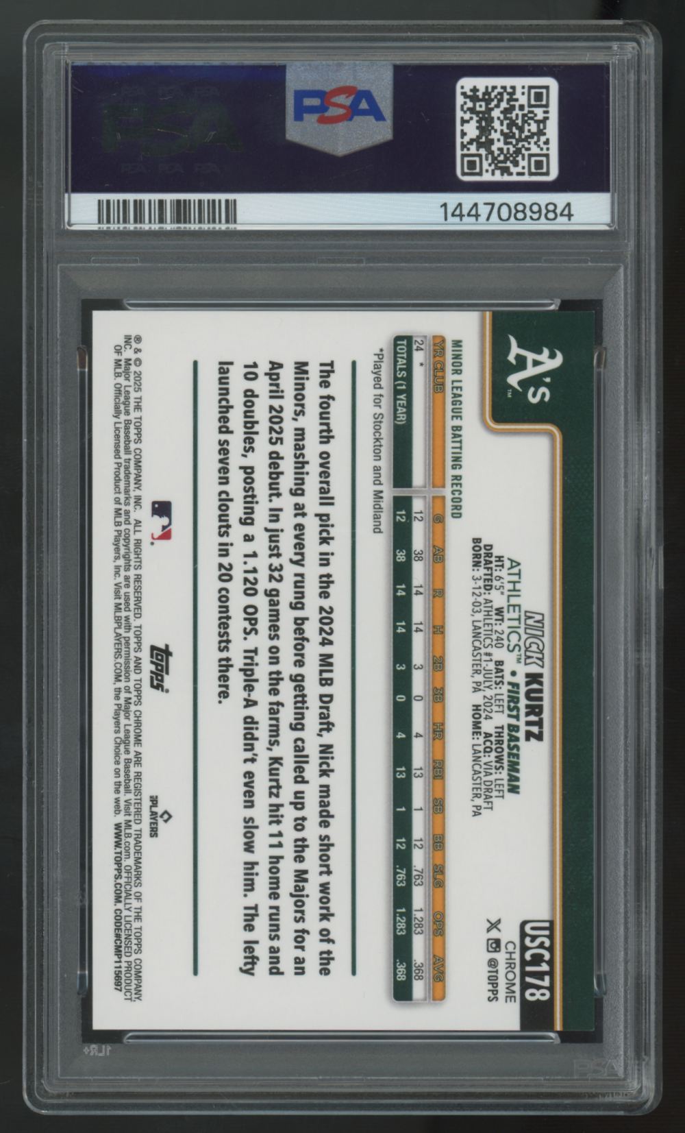 2025 Topps Chrome Update Nick Kurtz RC Green Image Variation /99 #178 PSA 10