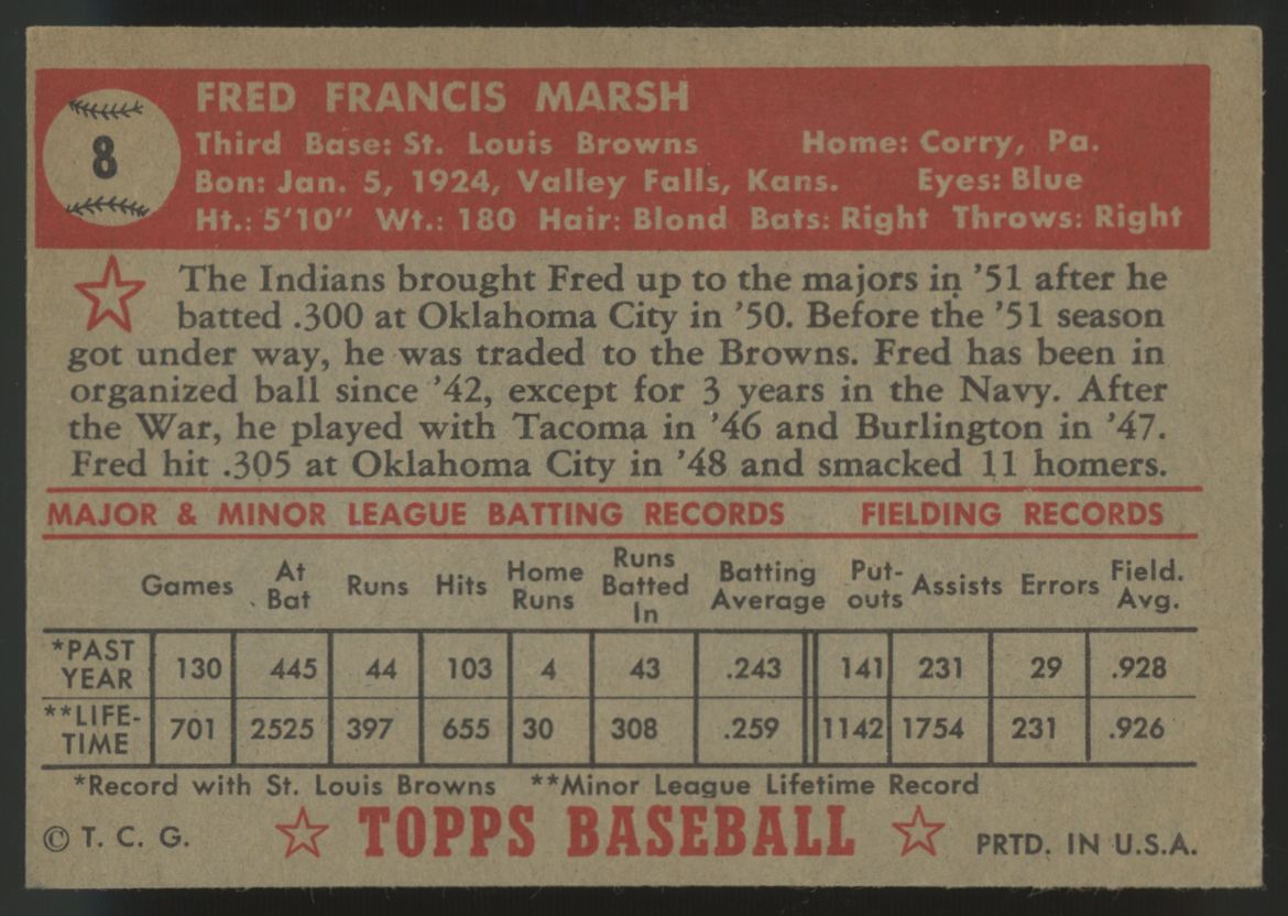 1952 Topps Fred Marsh RC #8 VG/EX