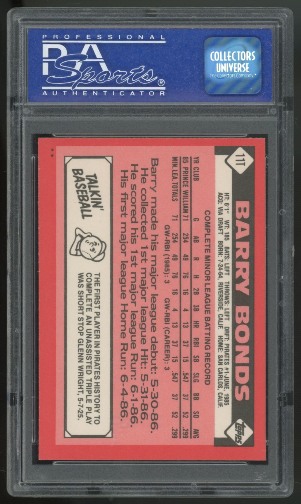 1986 Topps Traded Barry Bonds RC #11T PSA 9 *005