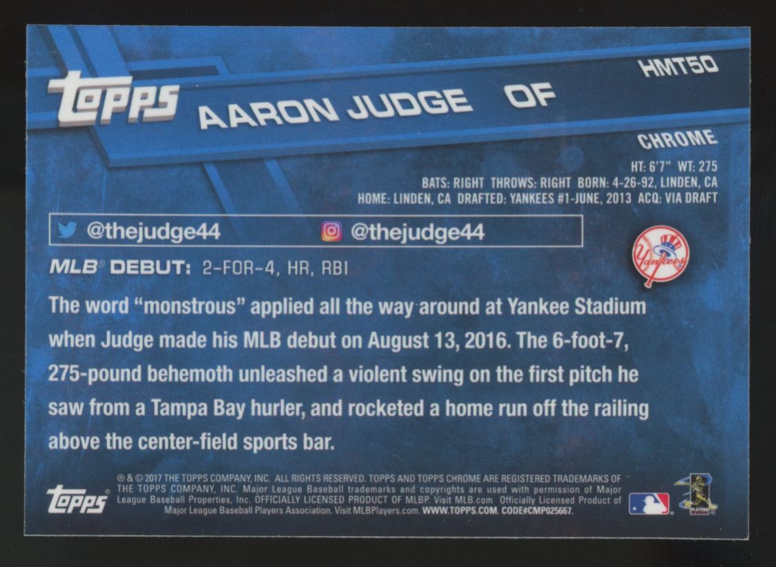 2017 Topps Chrome Update Aaron Judge RC Debut #HMT50