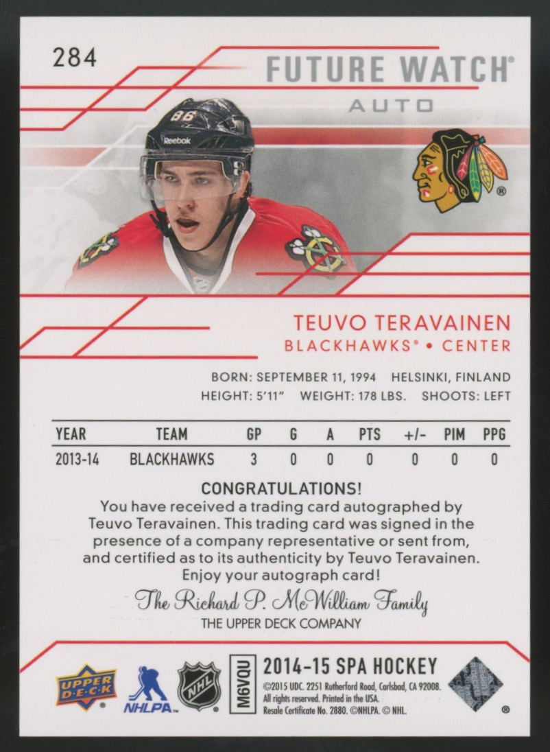 2014-15 UD SP Authentic Teuvo Teravainen RC Future Watch Auto /999 #284